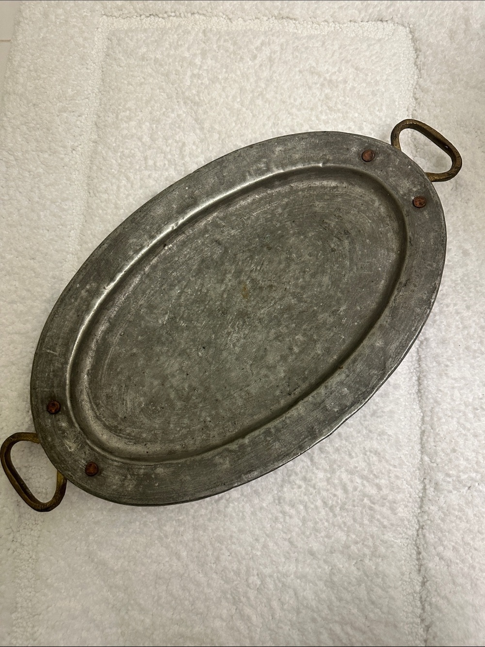 Vintage Oval Metal Serving Tray with Brass Handles - Gray